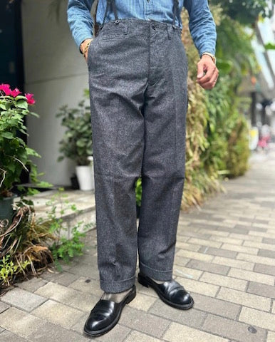 再入荷！ハイバック ブラック シャンブレー 折りたたみ ワーク トラウザーズ / High Back Black Chambray Work  Trousers / DRY