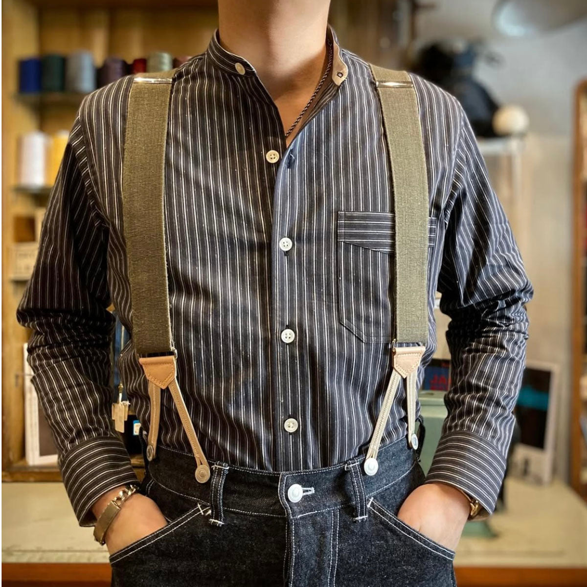 Stripe Band Collar Work Shirt