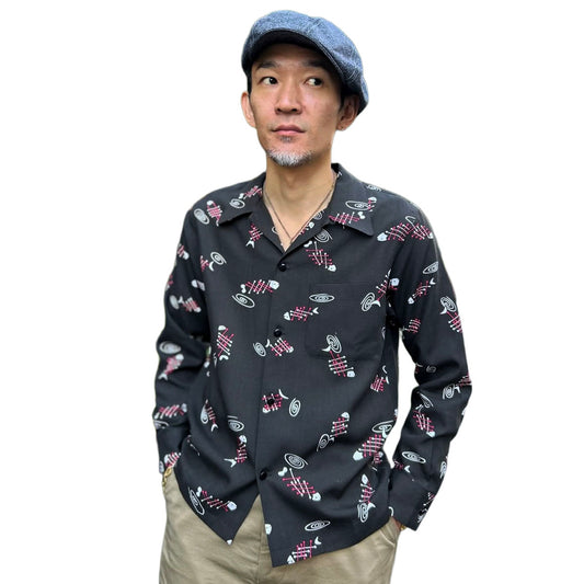 L/S Print Open Shirt “FISH BONE”